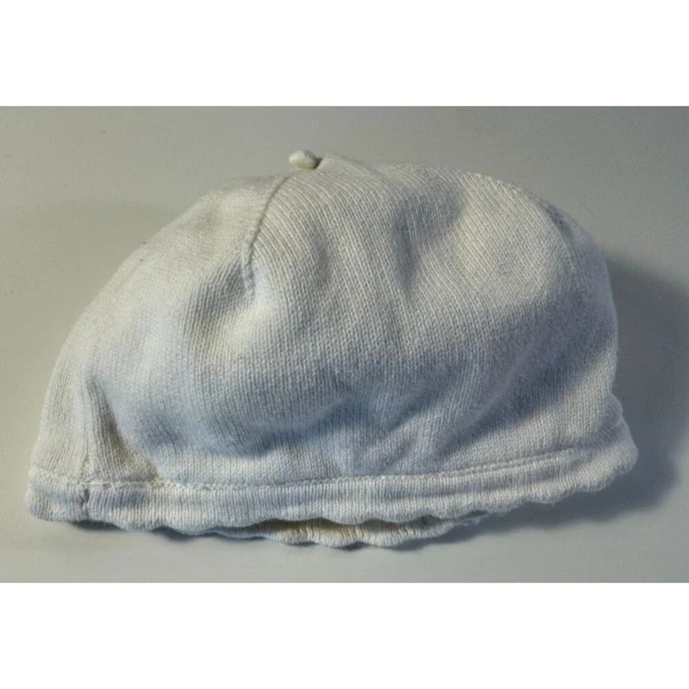 Janie and Jack Chic Cream Girls Beanie Hat Scalloped Edge Bow Cotton Knit 12- 18